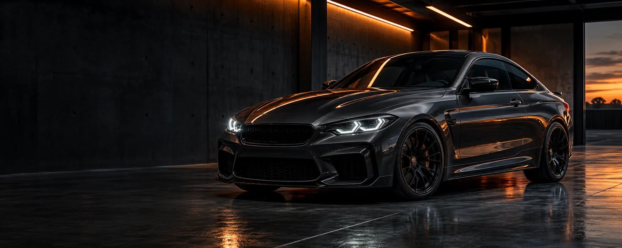Charcoal performance coupé in an industrial setting with orange lighting